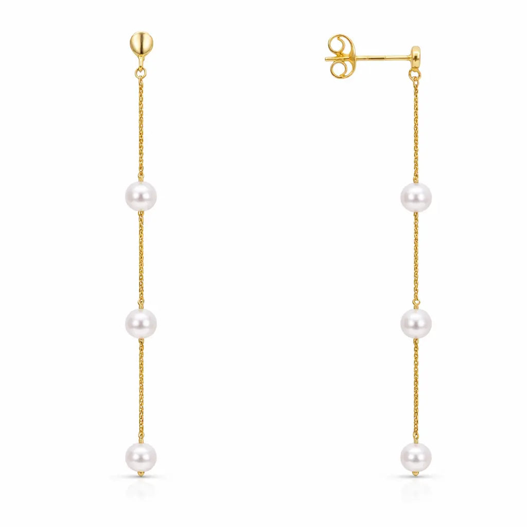 22ct Yellow Gold Natural Freshwater Three White Pearl Drop Earrings 2.5 Inches 
