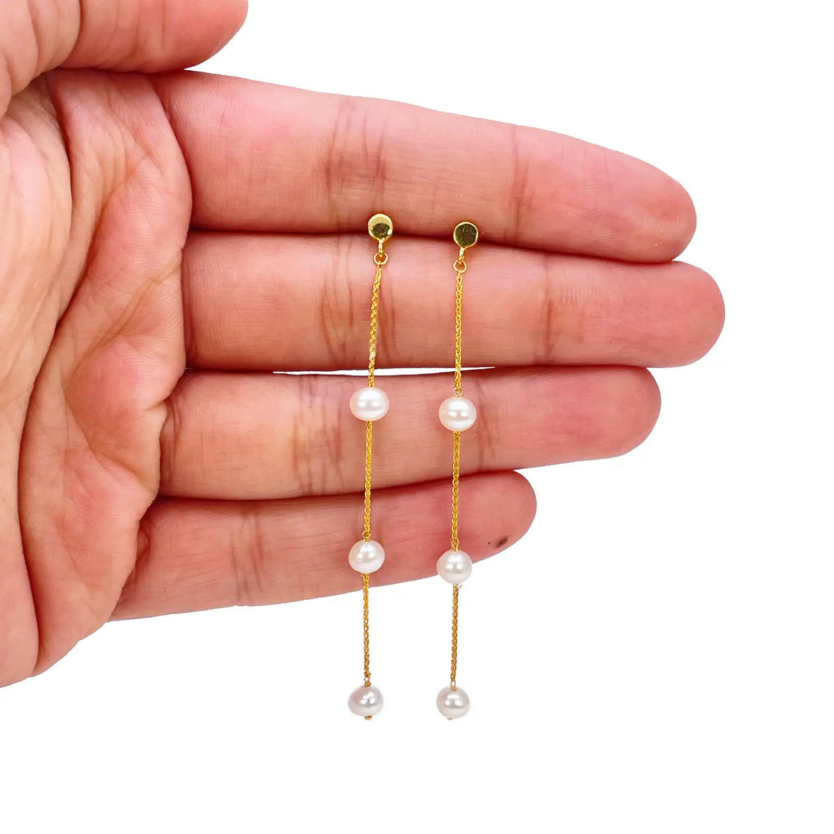 22ct Yellow Gold Natural Freshwater Three White Pearl Drop Earrings 2.5 Inches 