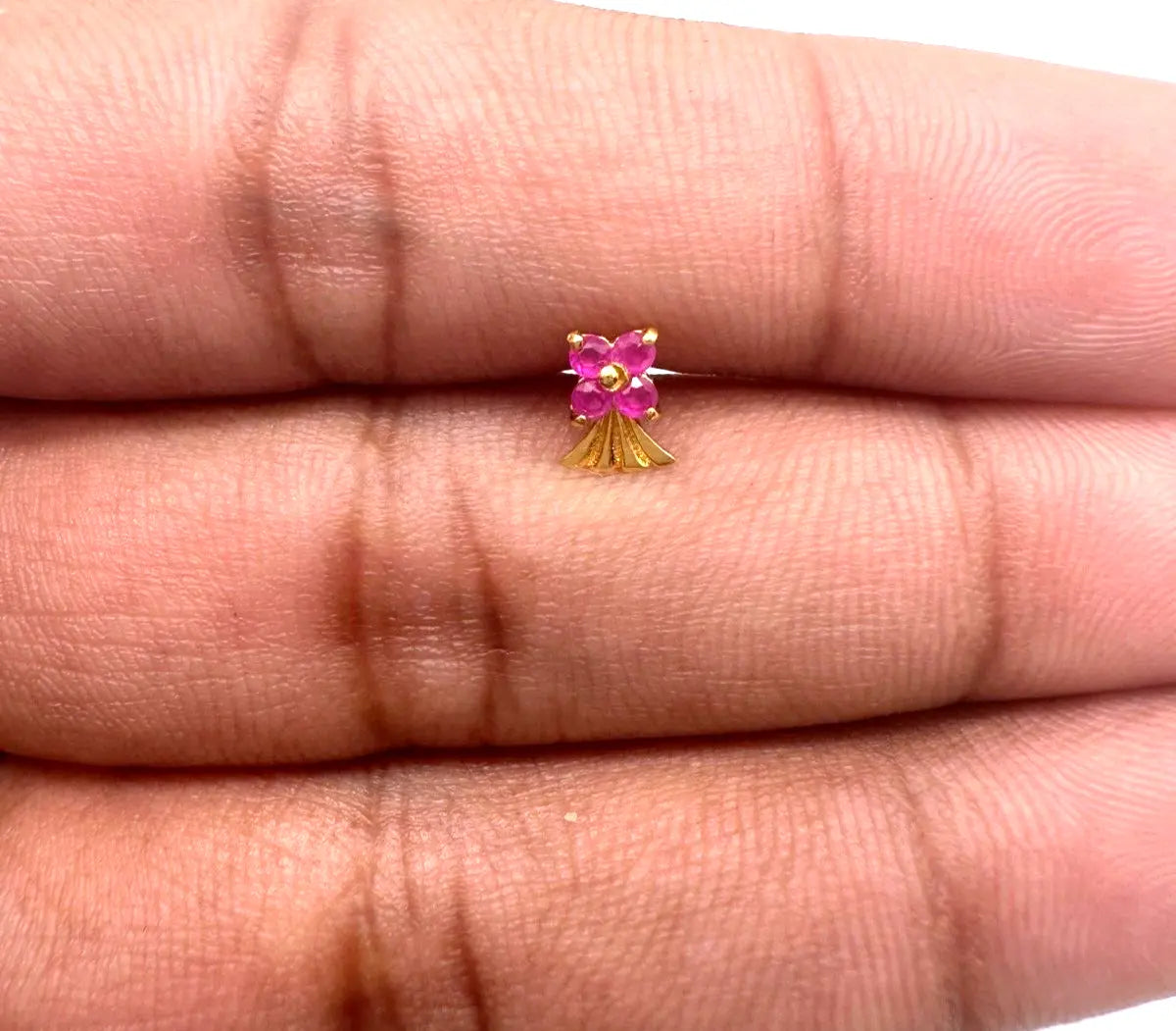 22ct Yellow Gold Nose Stud With Four Natural Ruby Stones / Stylish Nose Pin 