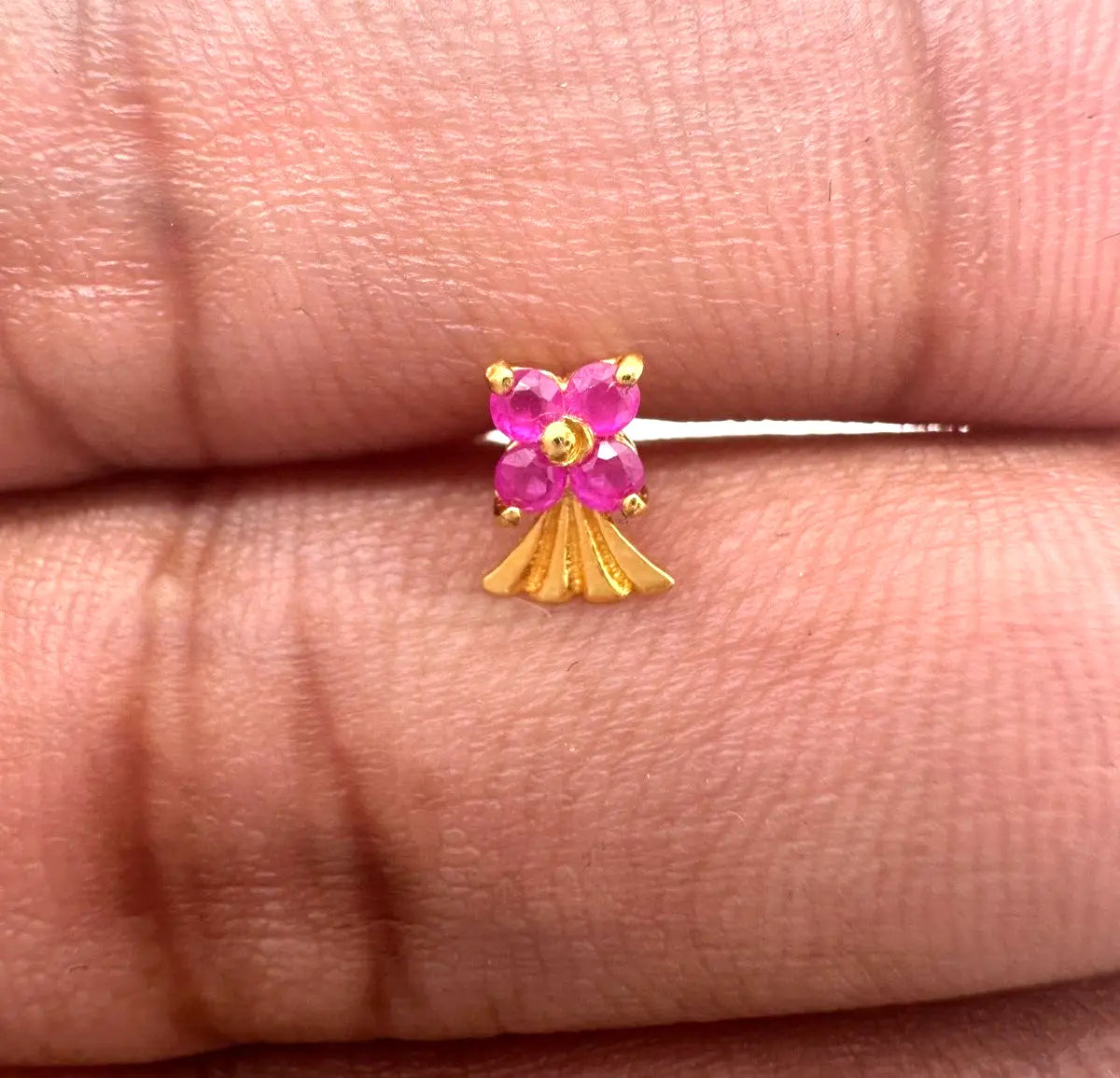 22ct Yellow Gold Nose Stud With Four Natural Ruby Stones / Stylish Nose Pin 