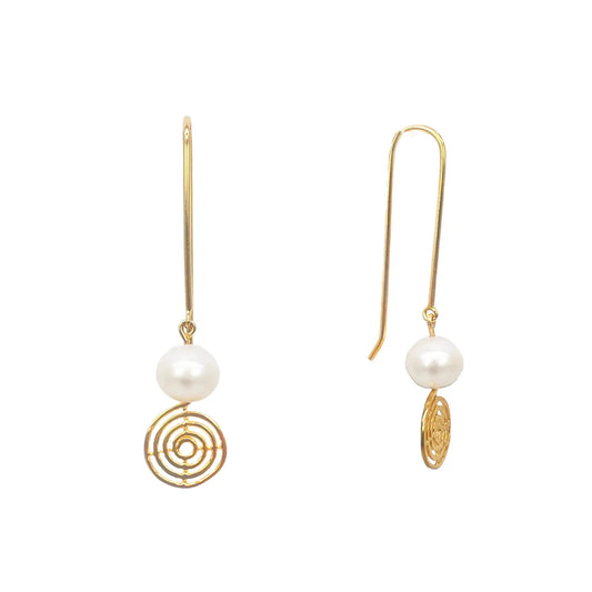22ct Yellow Gold Paper Clip Freshwater Pearl & Swirl Tassel Drop Earrings 