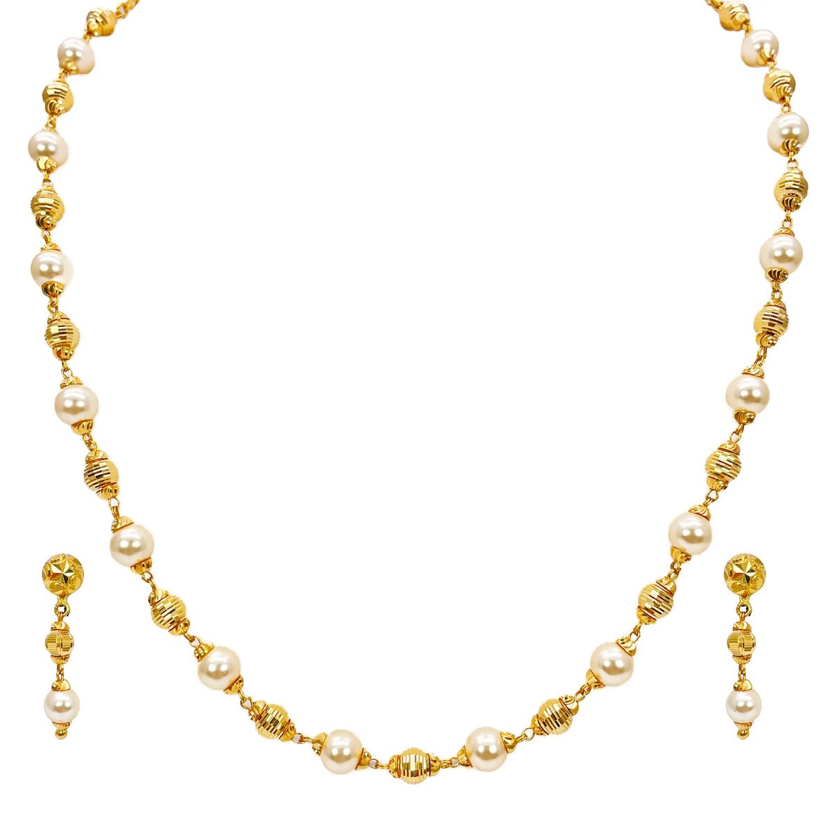 22ct Yellow Gold Pearls & Beaded Diamond Cut Ball Necklace/Earrings Set 
