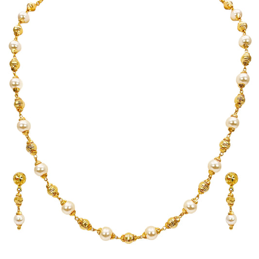 22ct Yellow Gold Pearls & Beaded Diamond Cut Ball Necklace/Earrings Set 