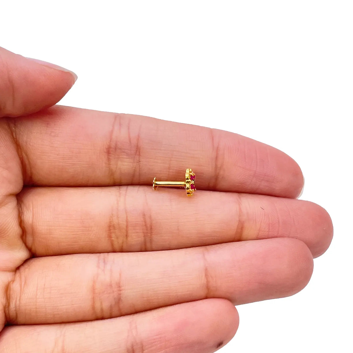22ct Yellow Gold Red & Green Floral Shaped Gemstone Nose Pin/Stud 6.5mm Width 