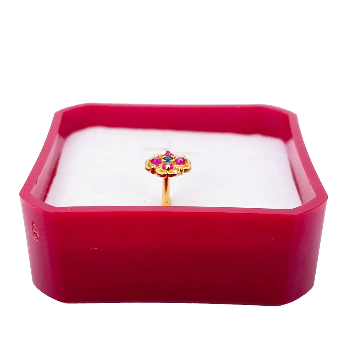22ct Yellow Gold Red & Green Floral Shaped Gemstone Nose Pin/Stud 6.5mm Width 