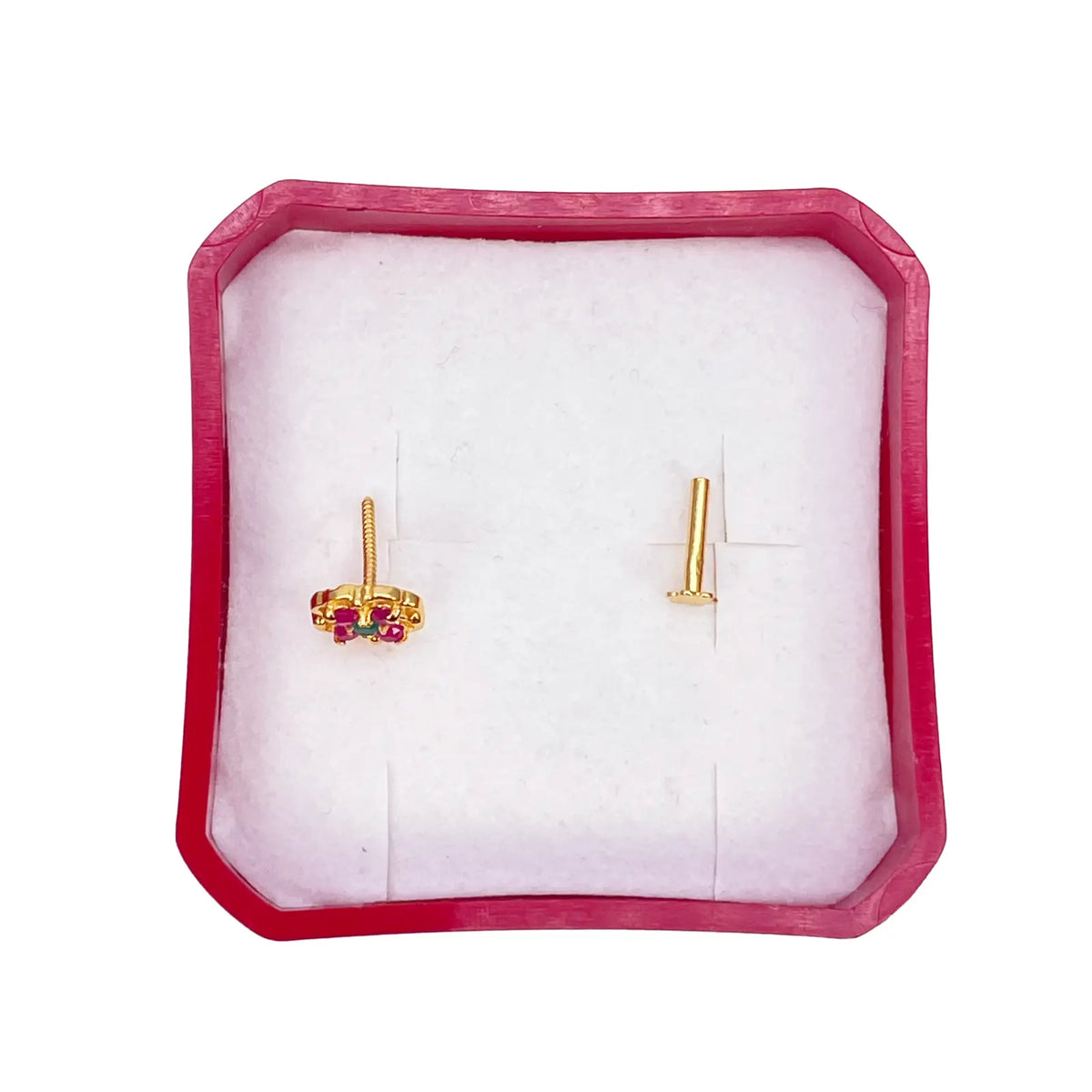 22ct Yellow Gold Red & Green Floral Shaped Gemstone Nose Pin/Stud 6.5mm Width 