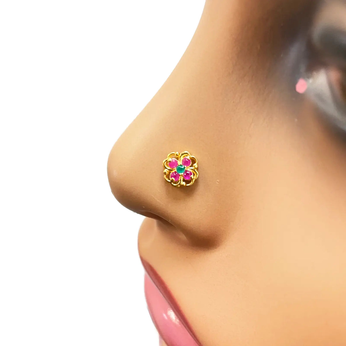 22ct Yellow Gold Red & Green Floral Shaped Gemstone Nose Pin/Stud 6.5mm Width 