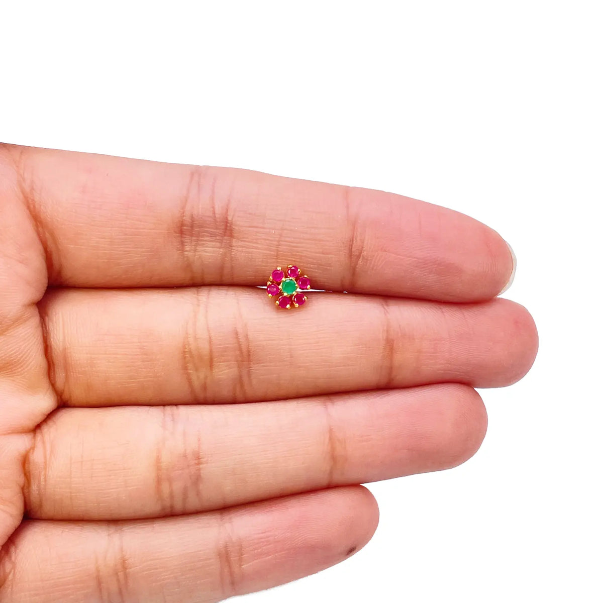 22ct Yellow Gold Red & Green Flower Shaped Gemstone Nose Pin/Stud 6mm Width 