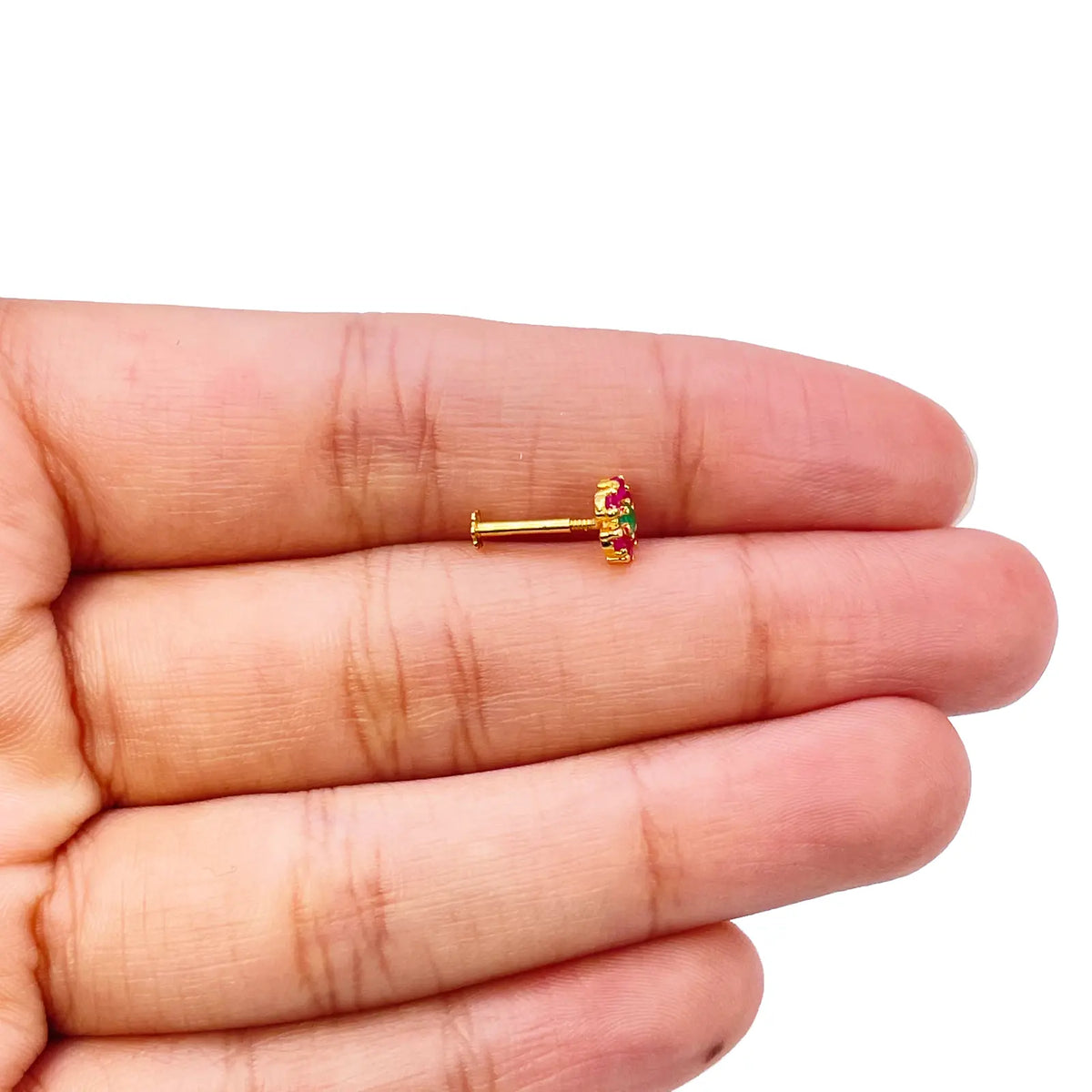 22ct Yellow Gold Red & Green Flower Shaped Gemstone Nose Pin/Stud 6mm Width 