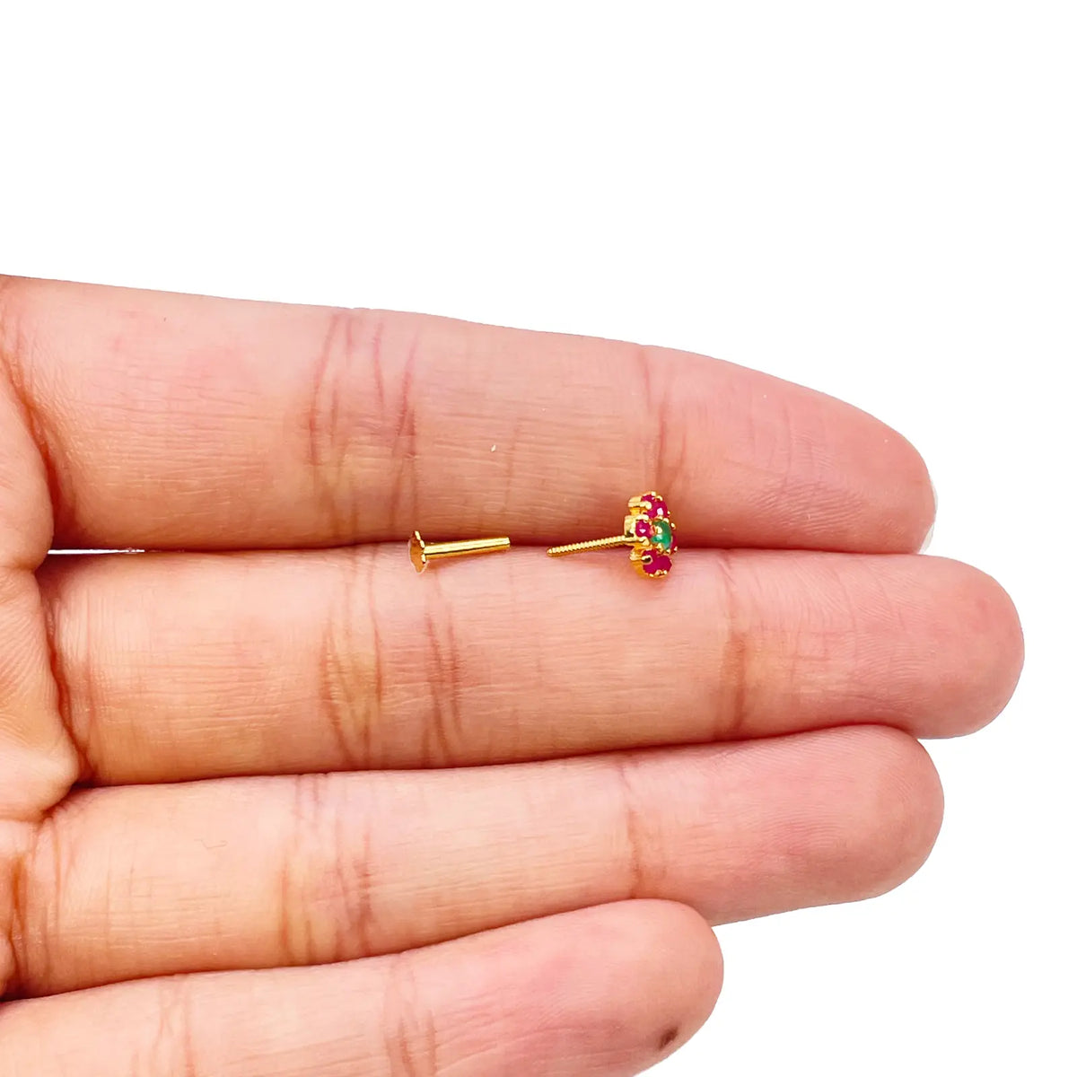 22ct Yellow Gold Red & Green Flower Shaped Gemstone Nose Pin/Stud 6mm Width 