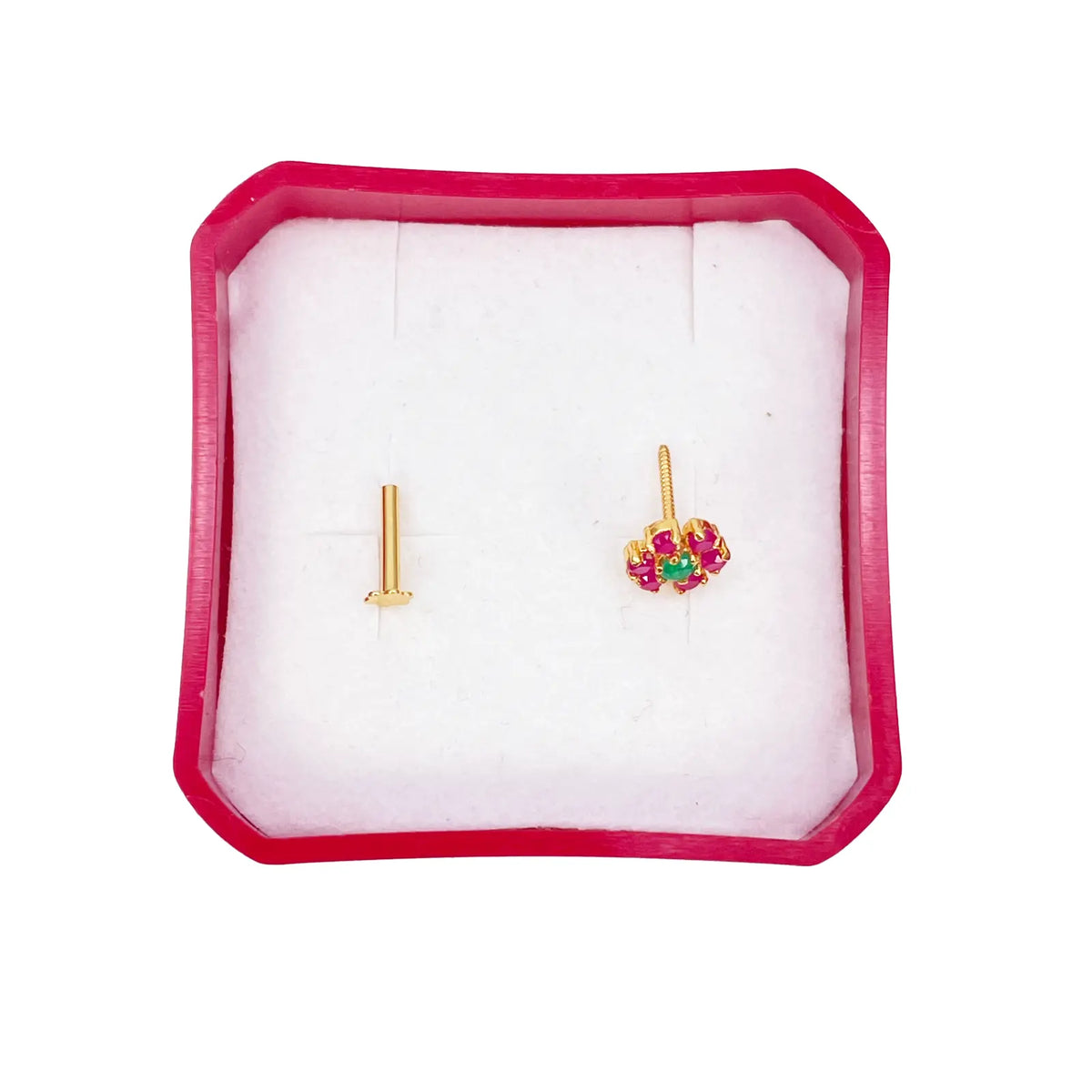 22ct Yellow Gold Red & Green Flower Shaped Gemstone Nose Pin/Stud 6mm Width 