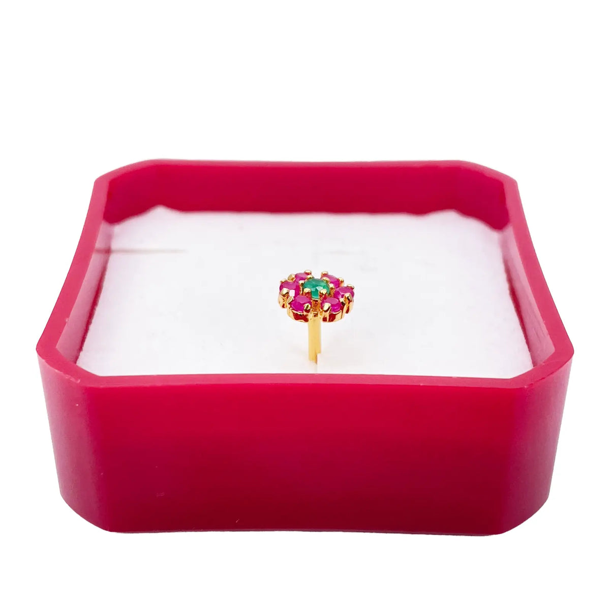 22ct Yellow Gold Red & Green Flower Shaped Gemstone Nose Pin/Stud 6mm Width 