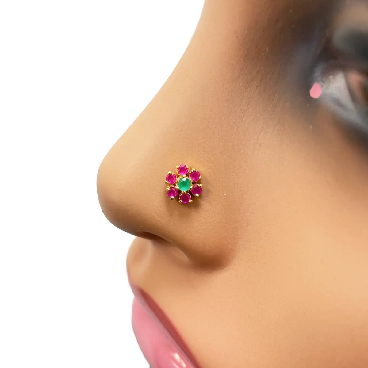 22ct Yellow Gold Red & Green Flower Shaped Gemstone Nose Pin/Stud 6mm Width 