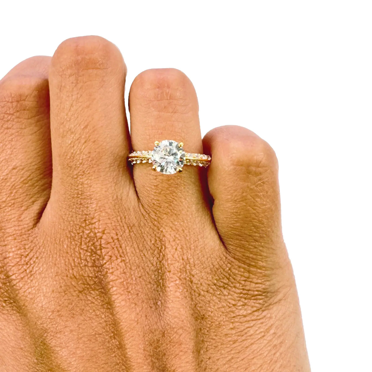 22ct Yellow Gold Round 4-Claw Cubic Zirconia Pave Engagement Ring 7mm Width 