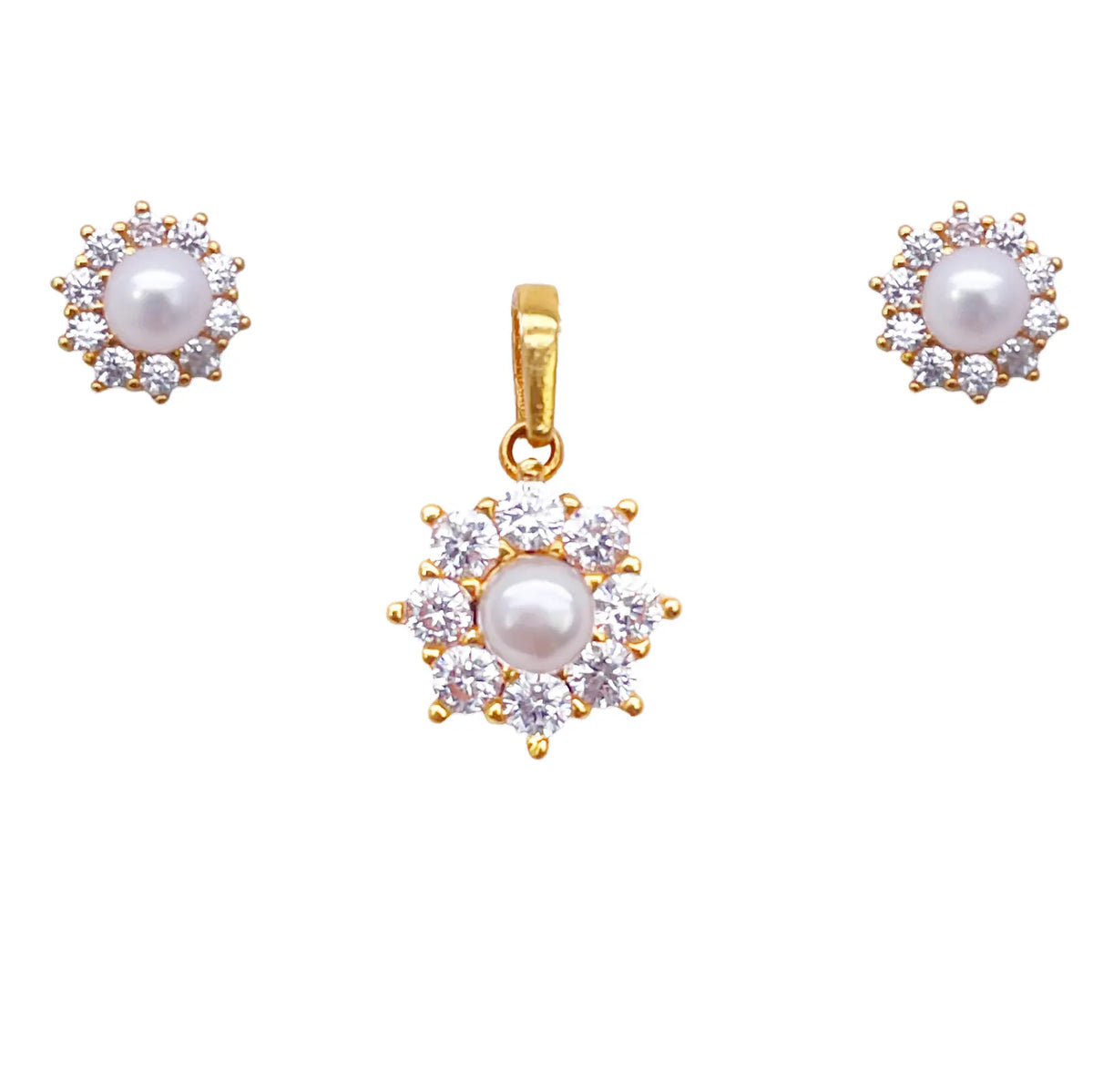 22ct Yellow Gold Round Freshwater Pearl Halo Pendant and Round Earrings Set 