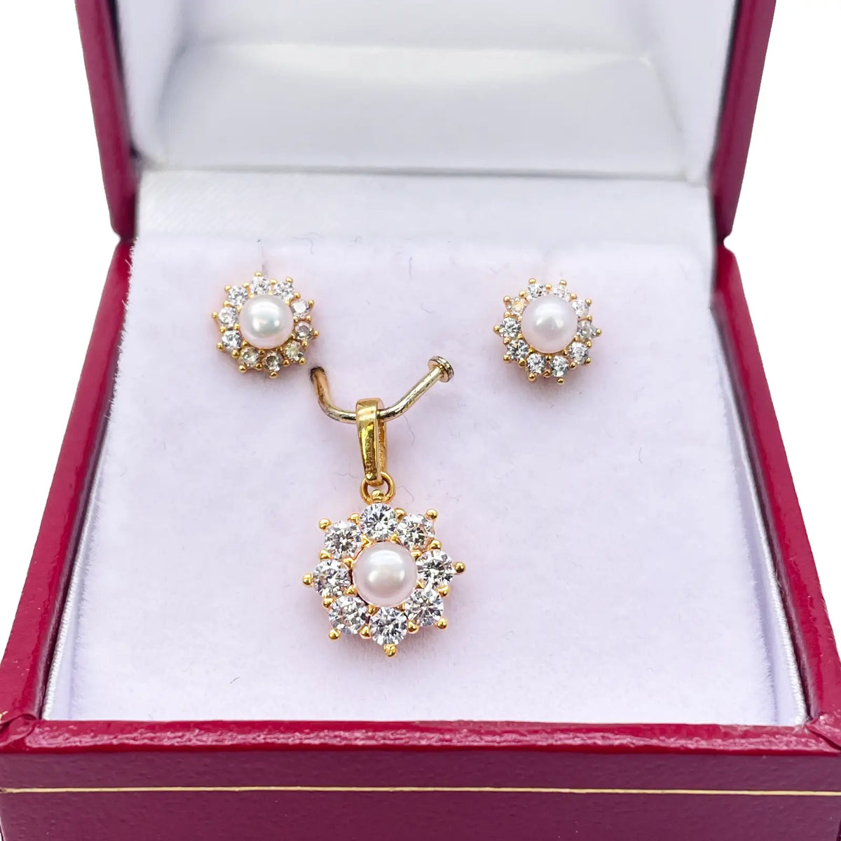 22ct Yellow Gold Round Freshwater Pearl Halo Pendant and Round Earrings Set 