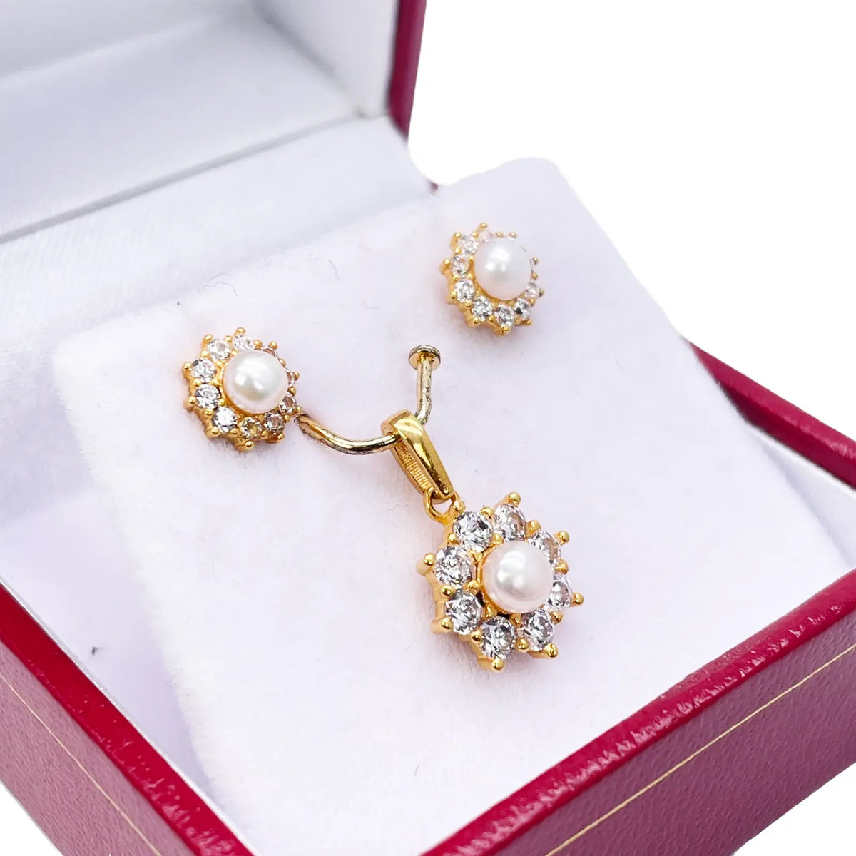 22ct Yellow Gold Round Freshwater Pearl Halo Pendant and Round Earrings Set 