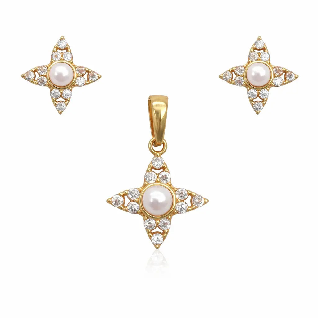 22ct Yellow Gold Round Freshwater Pearl Star Pendant and Star Earrings Set 