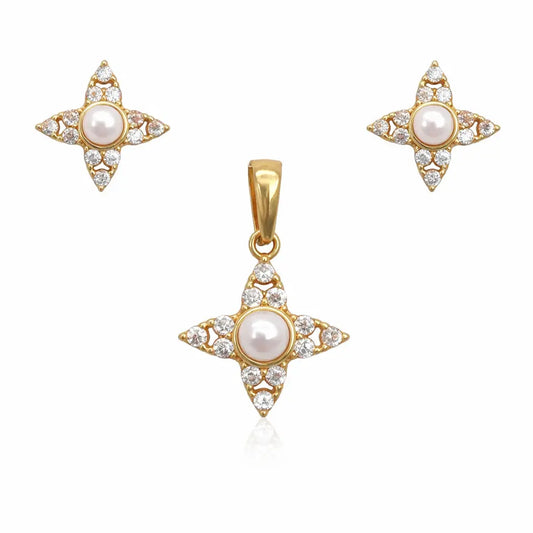 22ct Yellow Gold Round Freshwater Pearl Star Pendant and Star Earrings Set 
