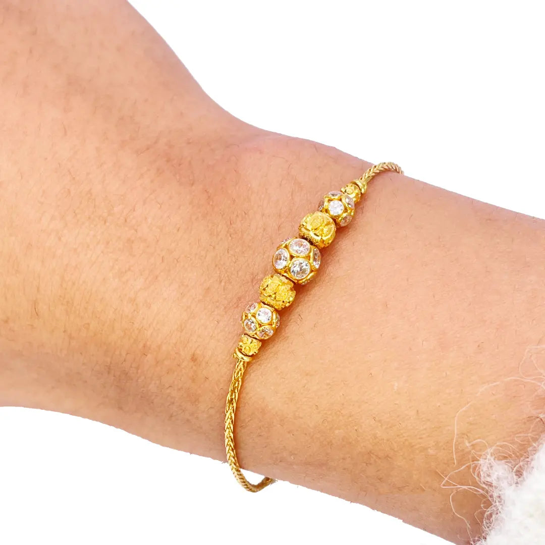 22ct Yellow Gold Seven Diamond Cut & Cubic Zirconia Sparkly Beaded Bracelet 6.5 inches 