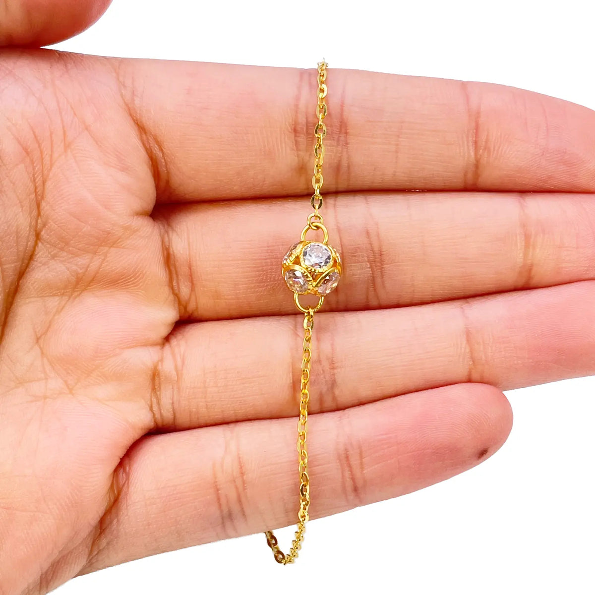 22ct Yellow Gold Single Cubic Zirconia Sparkly Glitter Ball Ladies Bracelet 7 Inches 