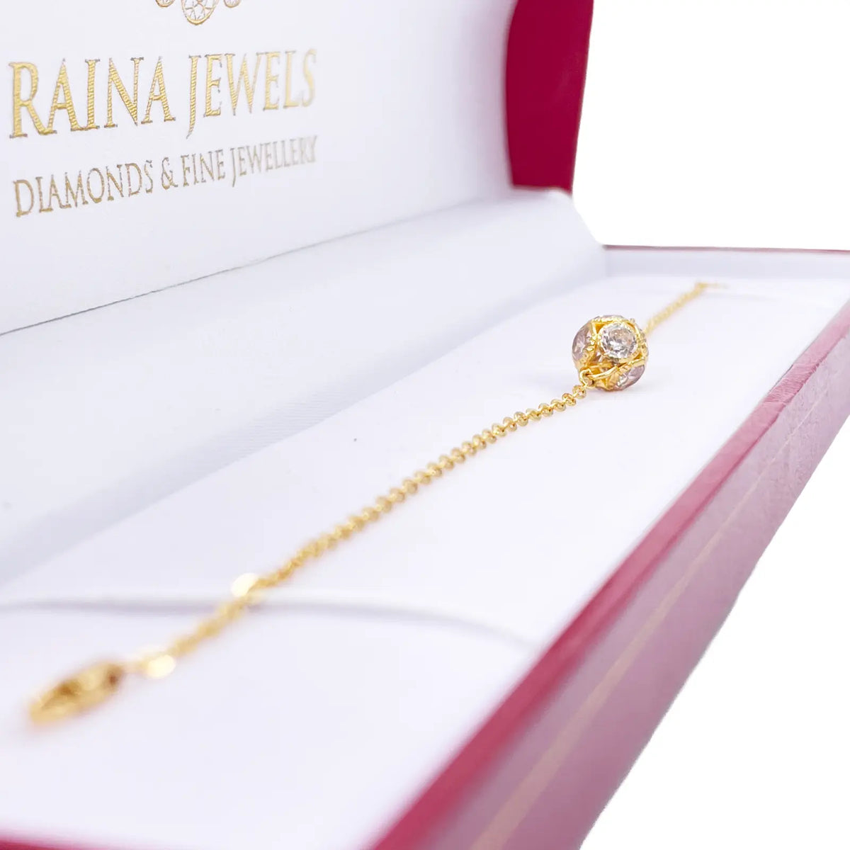22ct Yellow Gold Single Cubic Zirconia Sparkly Glitter Ball Ladies Bracelet 7 Inches 