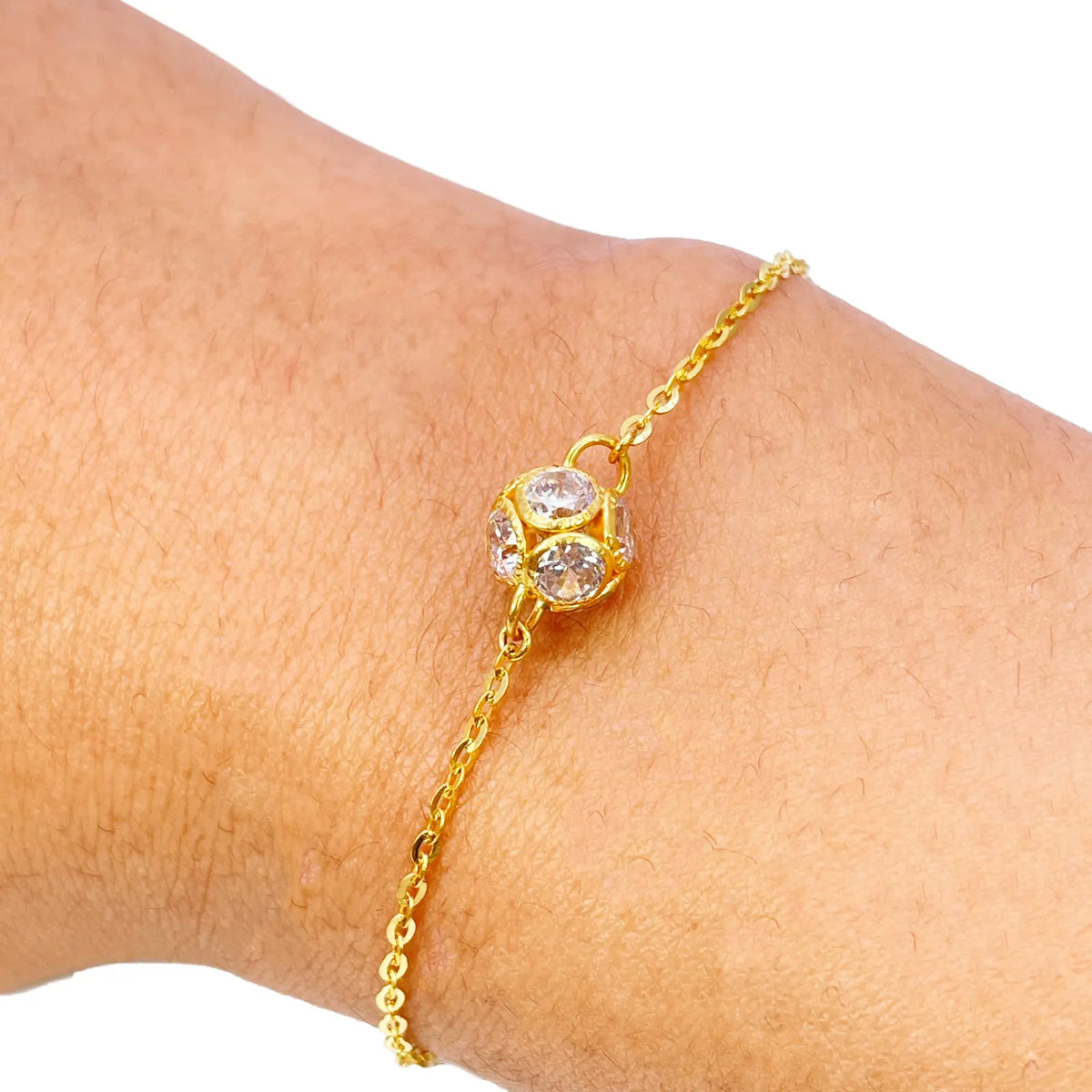 22ct Yellow Gold Single Cubic Zirconia Sparkly Glitter Ball Ladies Bracelet 7 Inches 