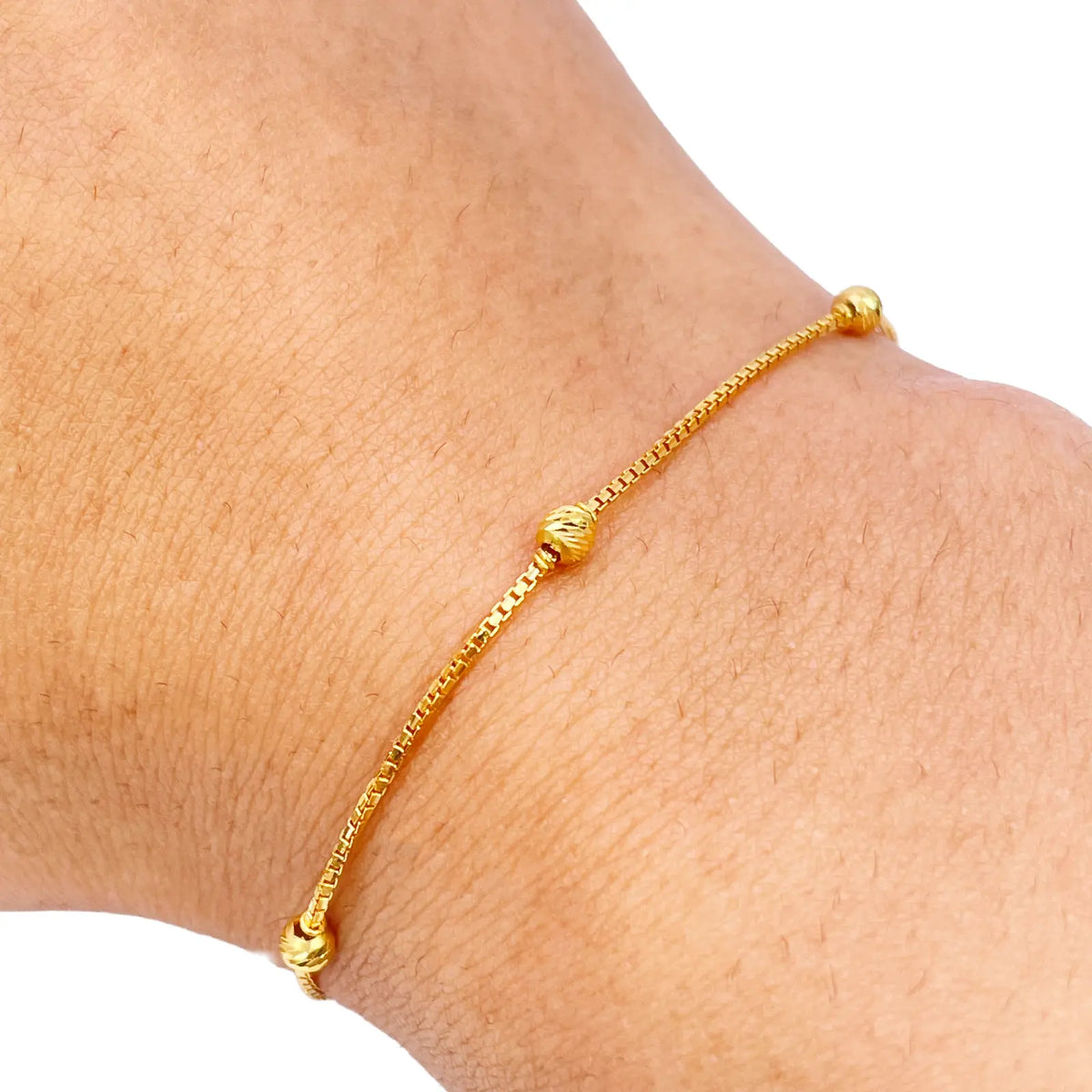 22ct Yellow Gold Six Beaded Diamond Cut Box Chain Bracelet 7 Inches 