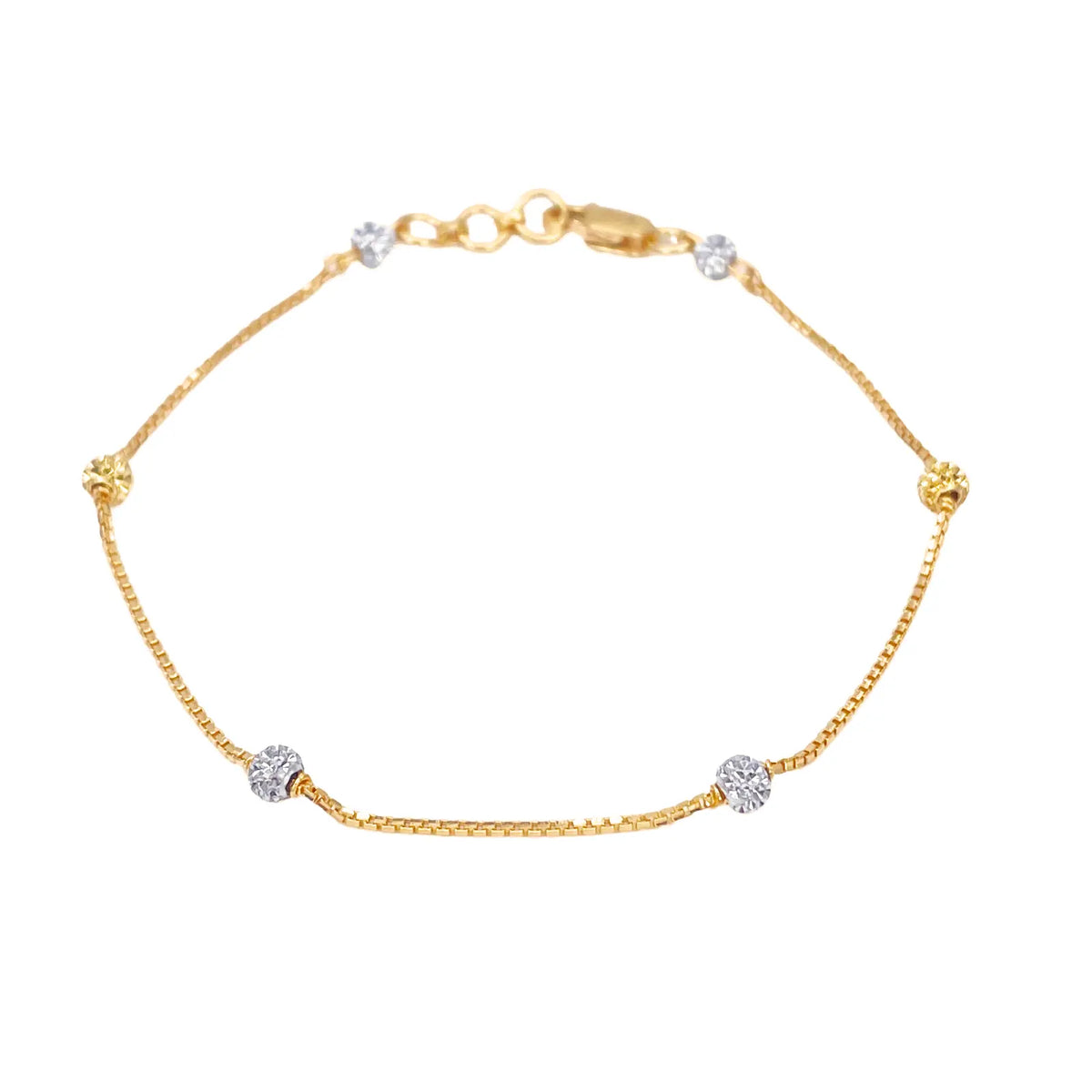 22ct Yellow Gold Six Beaded Two-Tone Diamond Cut Box Chain Bracelet 7 Inches 