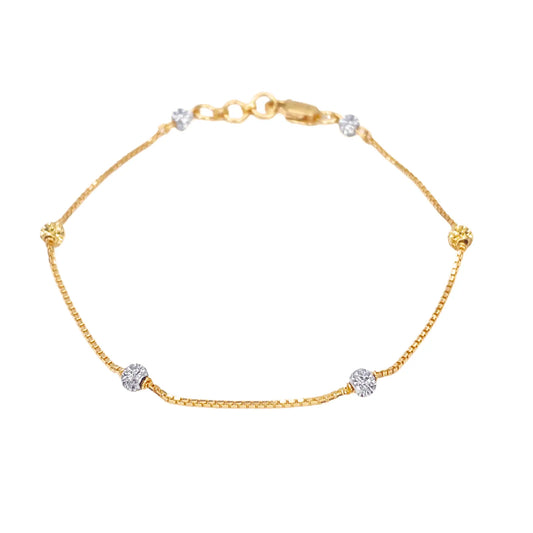 22ct Yellow Gold Six Beaded Two-Tone Diamond Cut Box Chain Bracelet 7 Inches 