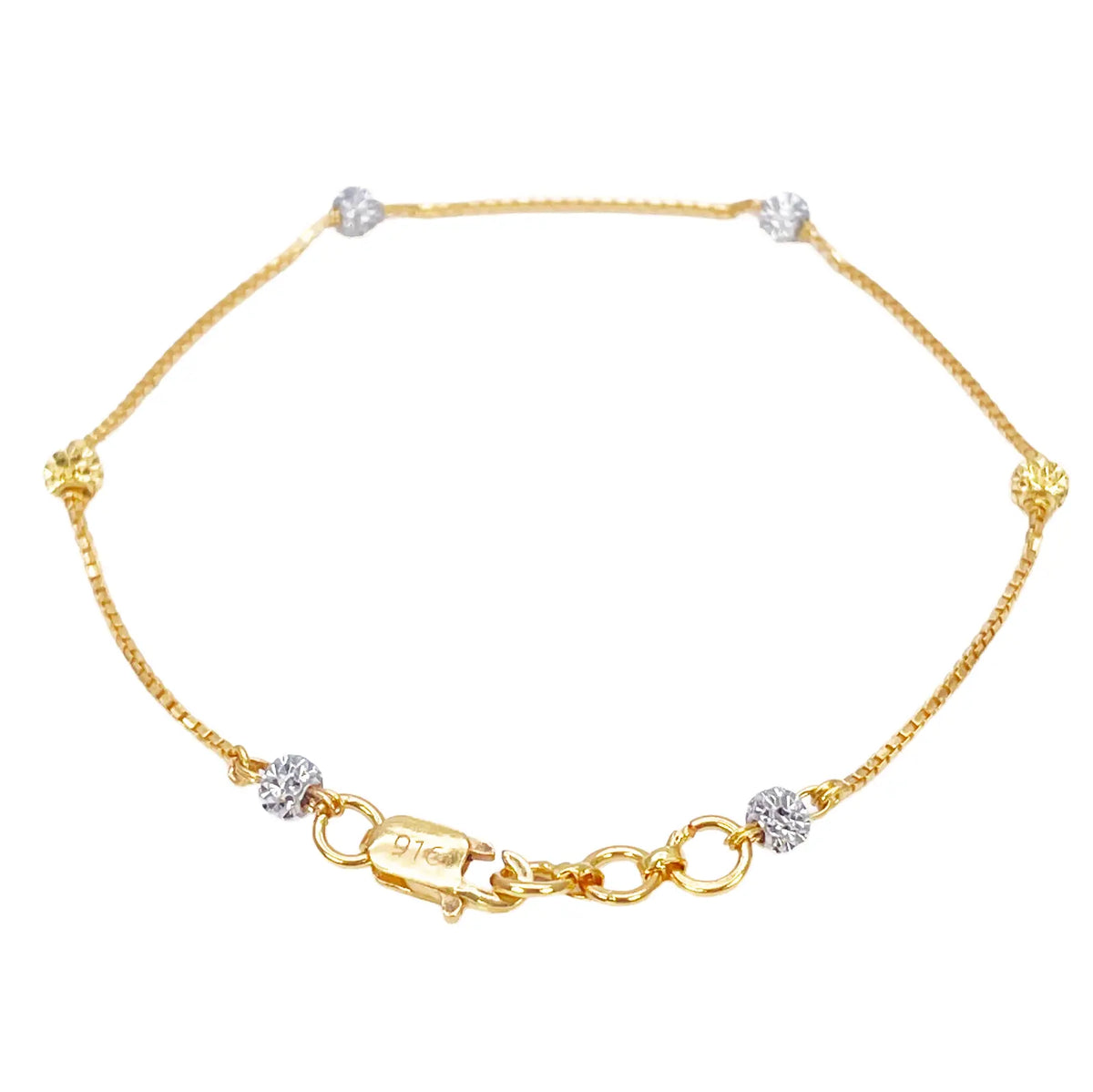 22ct Yellow Gold Six Beaded Two-Tone Diamond Cut Box Chain Bracelet 7 Inches 
