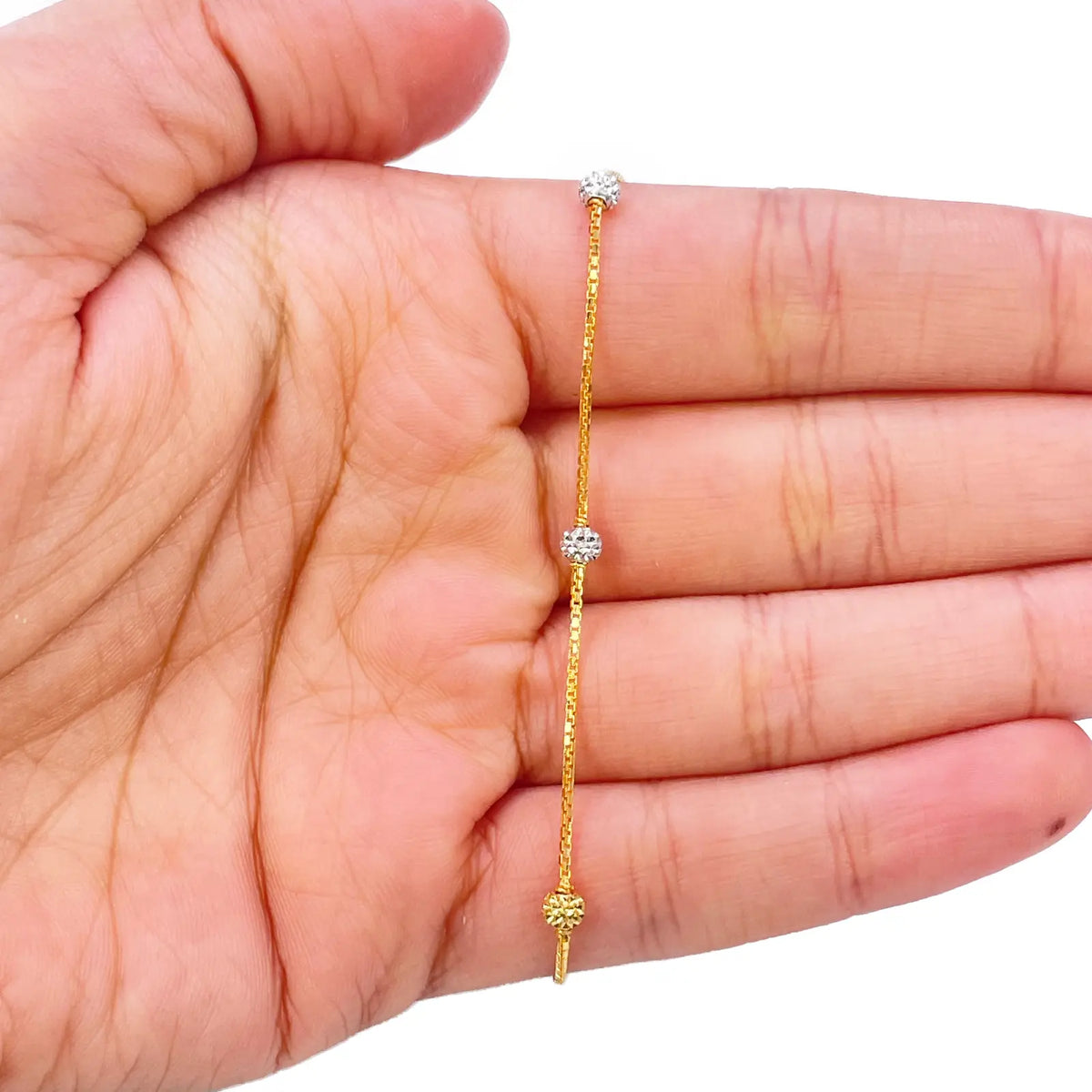22ct Yellow Gold Six Beaded Two-Tone Diamond Cut Box Chain Bracelet 7 Inches 