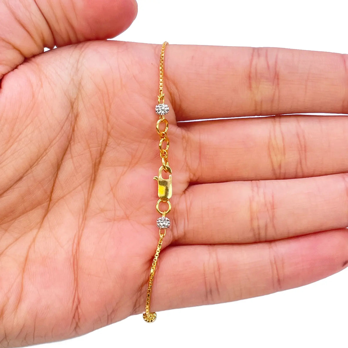 22ct Yellow Gold Six Beaded Two-Tone Diamond Cut Box Chain Bracelet 7 Inches 