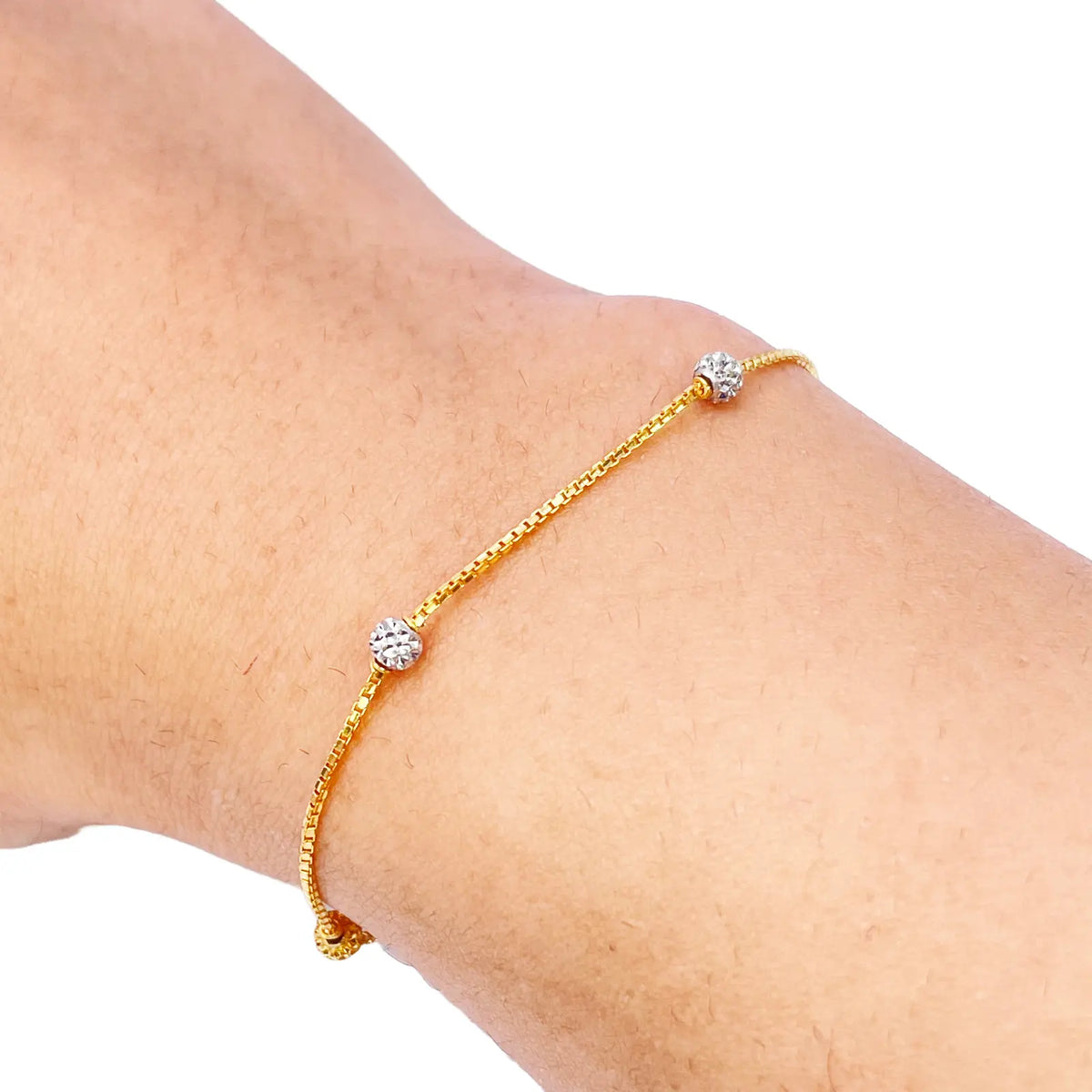 22ct Yellow Gold Six Beaded Two-Tone Diamond Cut Box Chain Bracelet 7 Inches 