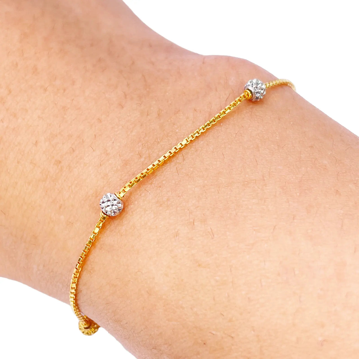 22ct Yellow Gold Six Beaded Two-Tone Diamond Cut Box Chain Bracelet 7 Inches 