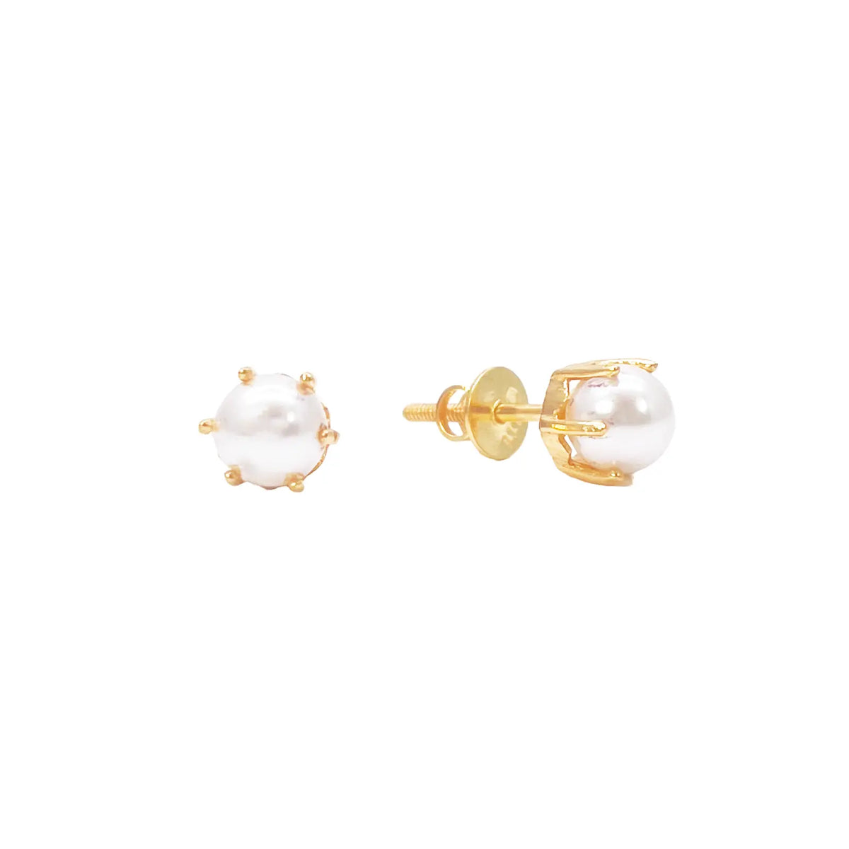 22ct Yellow Gold Six Claw Elegant Round Pearl Stud Earrings 4.5mm 