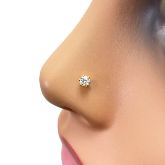 22ct Yellow Gold Six Claw Prong Cubic Zirconia Nose Stud/Pin 3mm Length 