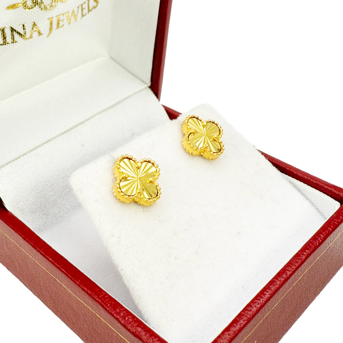 22ct Yellow Gold Small Diamond Cut Clover Stud Earrings 9mm Width 