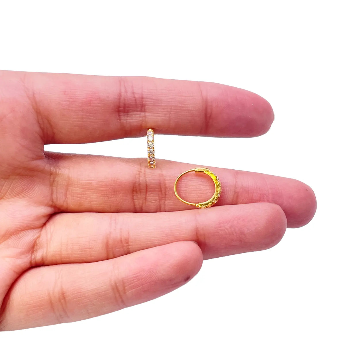 22ct Yellow Gold Small Sparkly Cubic Zirconia Hoop Huggie Children's Earrings 11mm Length 