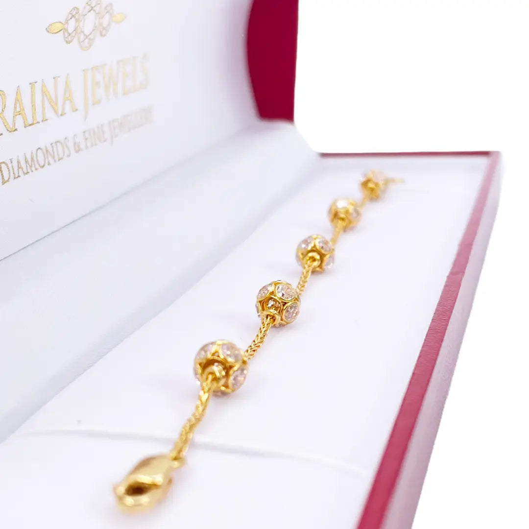 22ct Yellow Gold Sparkly Cubic Zirconia Glitter Ball Ladies Bracelet 6.5 inches 