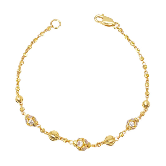 22ct Yellow Gold Sparkly Cubic Zirconia Glitter Ball & Diamond Cut Beads Ladies Bracelet 