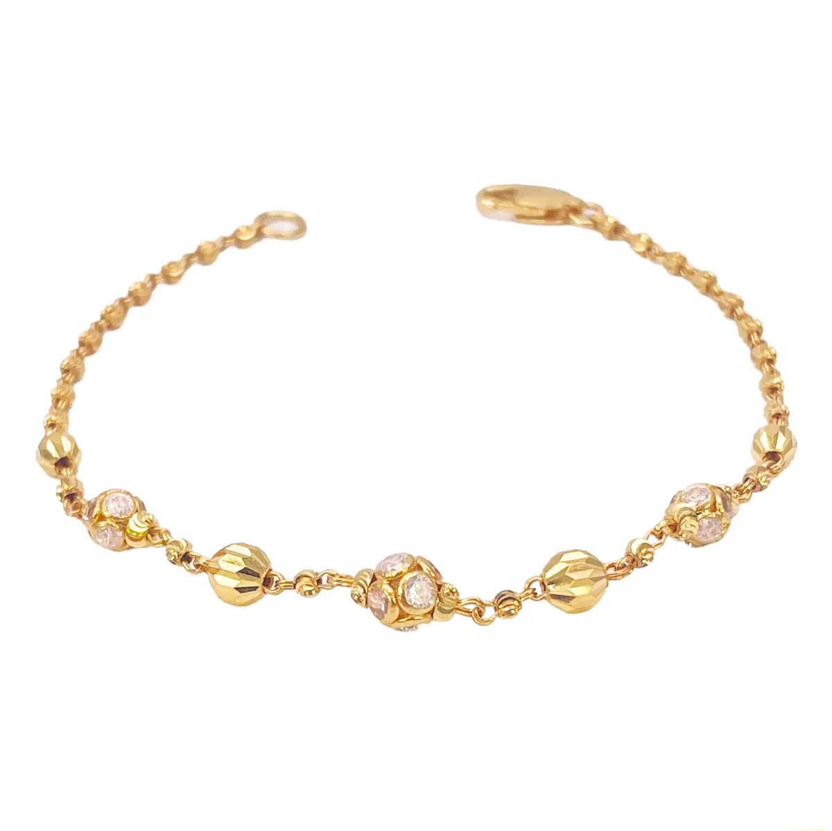 22ct Yellow Gold Sparkly Cubic Zirconia Glitter Ball & Diamond Cut Beads Ladies Bracelet 