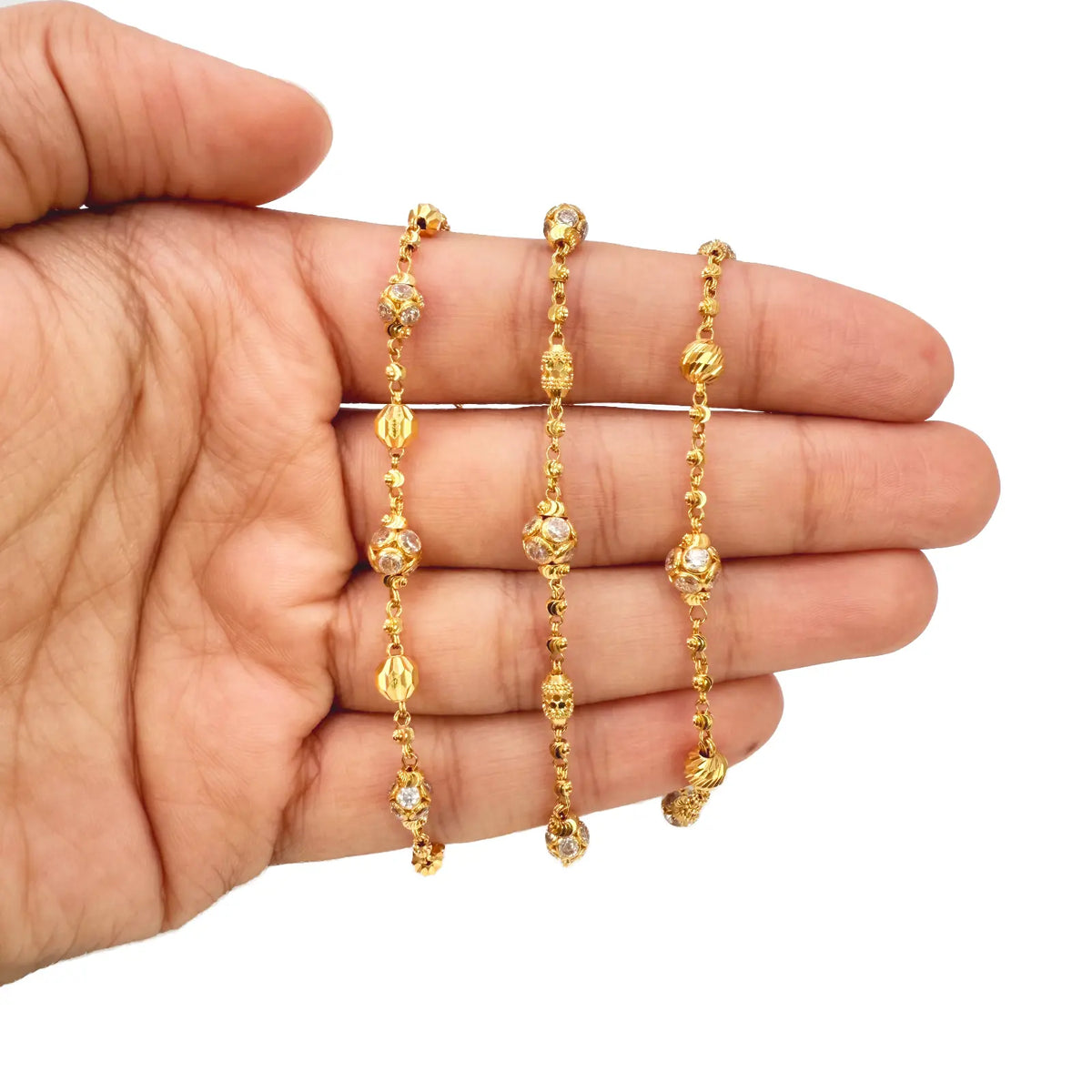 22ct Yellow Gold Sparkly Cubic Zirconia Glitter Ball & Diamond Cut Beads Ladies Bracelet 
