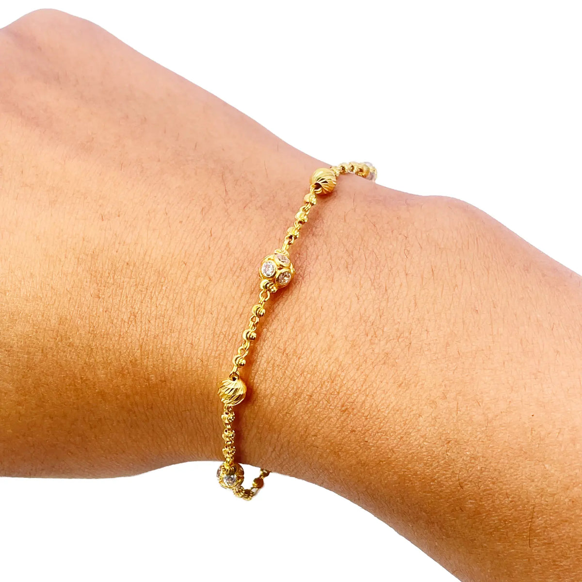 22ct Yellow Gold Sparkly Cubic Zirconia Glitter Ball & Diamond Cut Beads Ladies Bracelet 