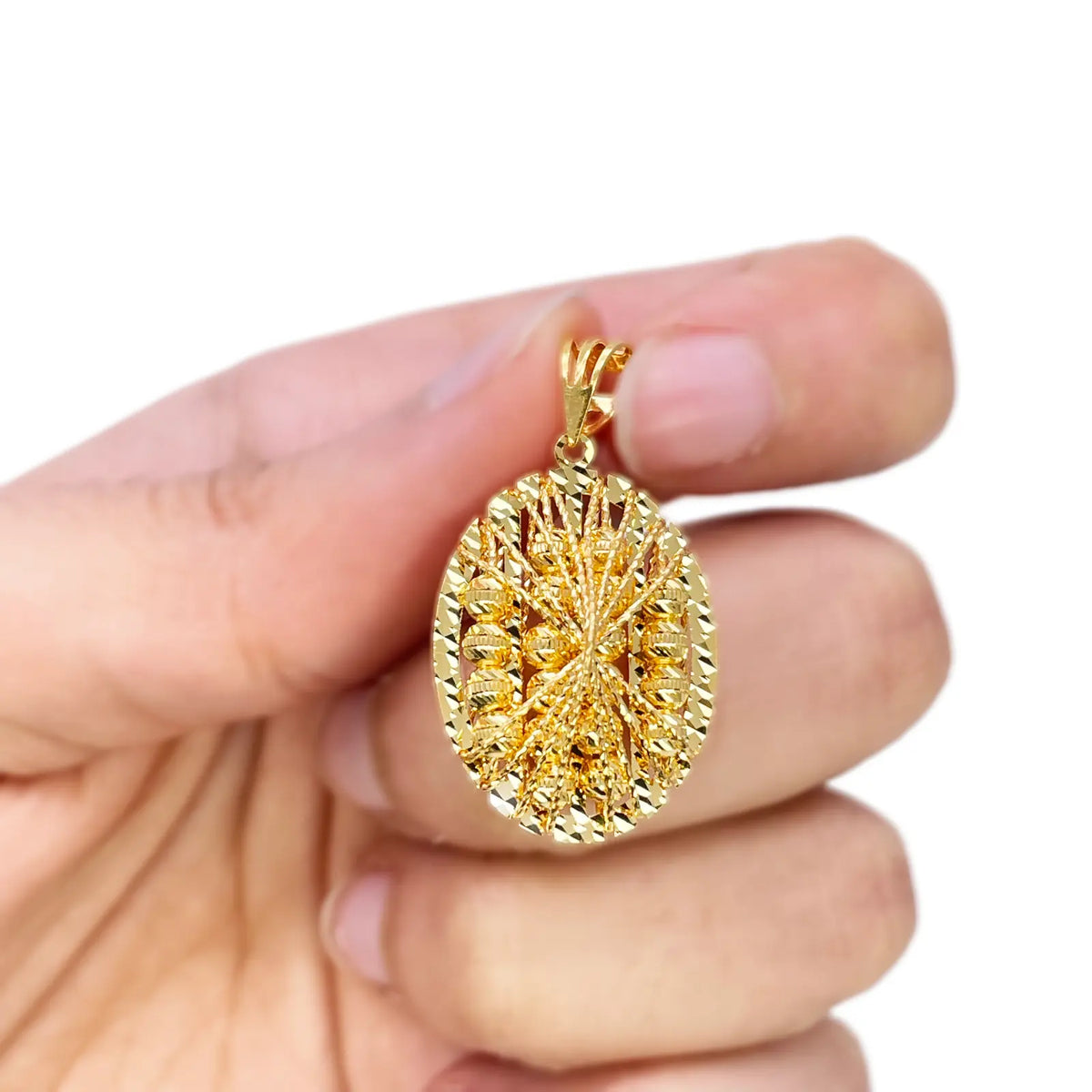 22ct Yellow Gold Sparkly Diamond Cut Mesh Beaded Oval Pendant 38mm Length 