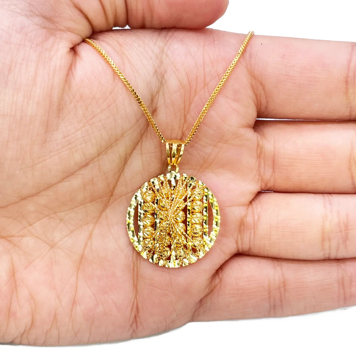 22ct Yellow Gold Sparkly Diamond Cut Mesh Beaded Round Pendant 30mm Length 