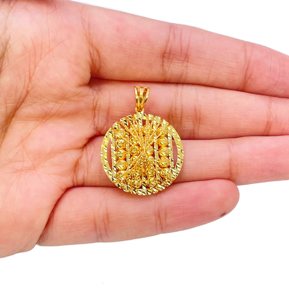 22ct Yellow Gold Sparkly Diamond Cut Mesh Beaded Round Pendant 30mm Length 