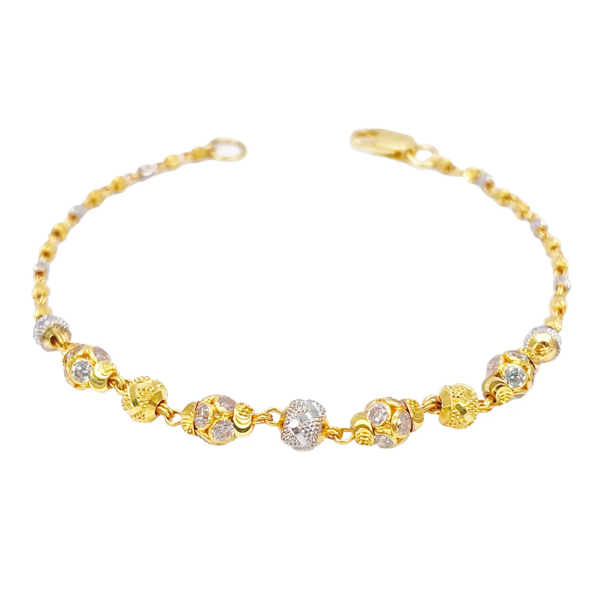 22ct Yellow Gold Sparkly Glitter Ball & Two-Tone Diamond Cut Beaded Bracelet 