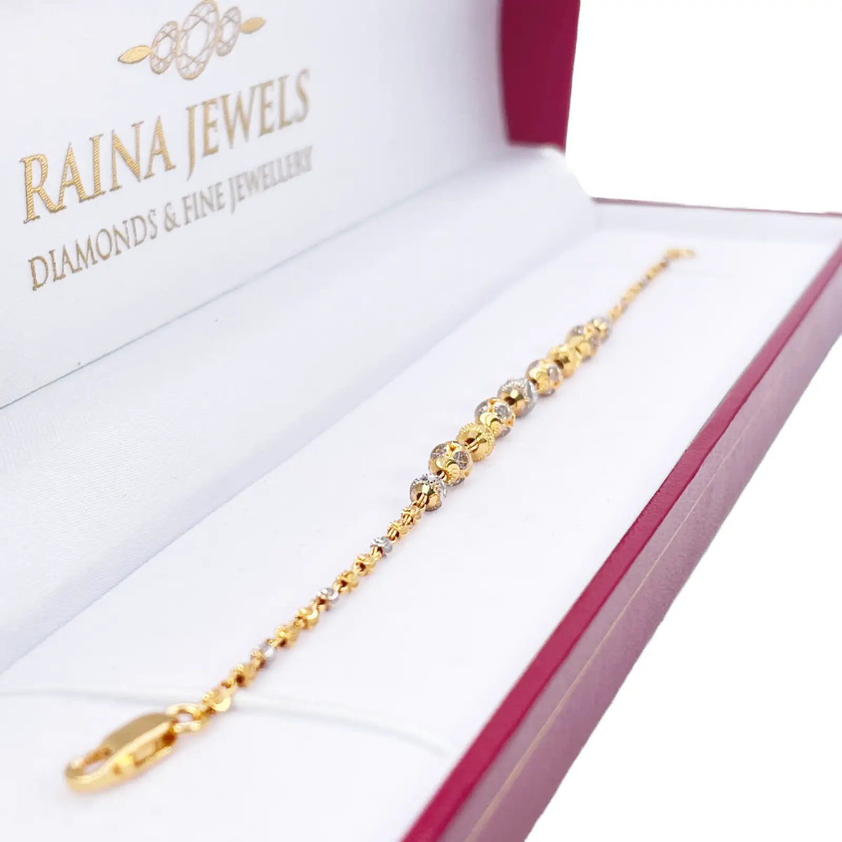 22ct Yellow Gold Sparkly Glitter Ball & Two-Tone Diamond Cut Beaded Bracelet 