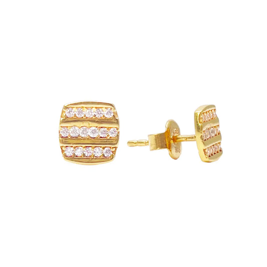 22ct Yellow Gold Square Three Row Cubic Zirconia Button Earrings Set 7mm Length  Gold earring